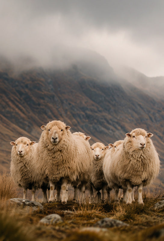 A small flock of sheep stands in a rugged mountain landscape, surrounded by rolling hills and low-hanging clouds.